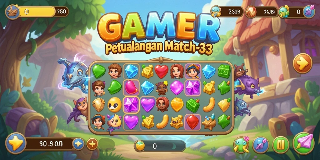 Tampilan permainan seru dalam dunia Match-3 yang berwarna-warni.