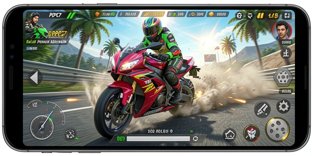 Screenshot gameplay PCPC7 menampilkan balapan motor yang mendebarkan.