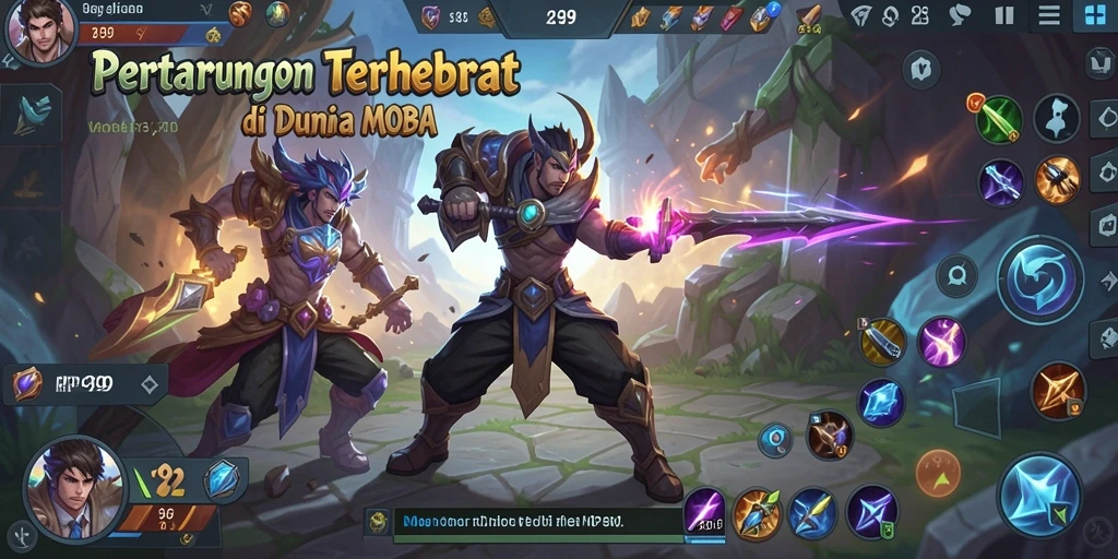 Tampilan seru gameplay RP99 dengan karakter MOBA beraksi.